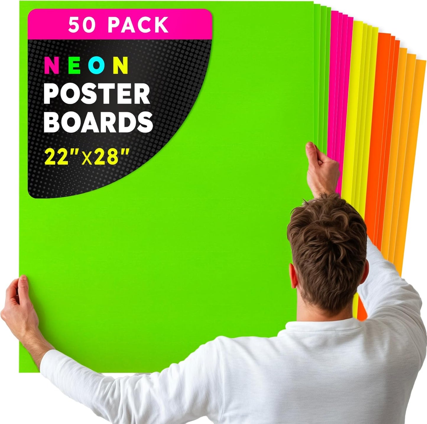 Hygloss Large Poster Board 22x28 - 50 Assorted Neon Color Poster Boards Bulk Pack - 10 Pt. Thickness Colored Poster Board Paper for Projects, Signs, Displays, Crafts - Posterboard Multipack 22" x 28"