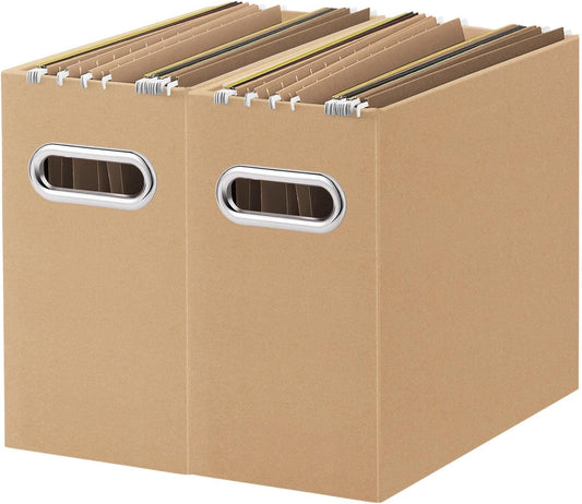 Oterri File Organizer, 2 Packs Small Storage Box, Cardboard File Folder Organizer, Collapsible File Box for Hanging File Folders Letter Size, Portable Filing Organizer with Handle (Brown)