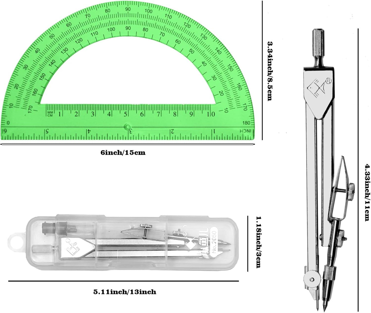 Students Geometry Math Set, Drawing Compass and 6 Inch Transparent Swing arm Protractor 180 Degree Math Protractor (Green)
