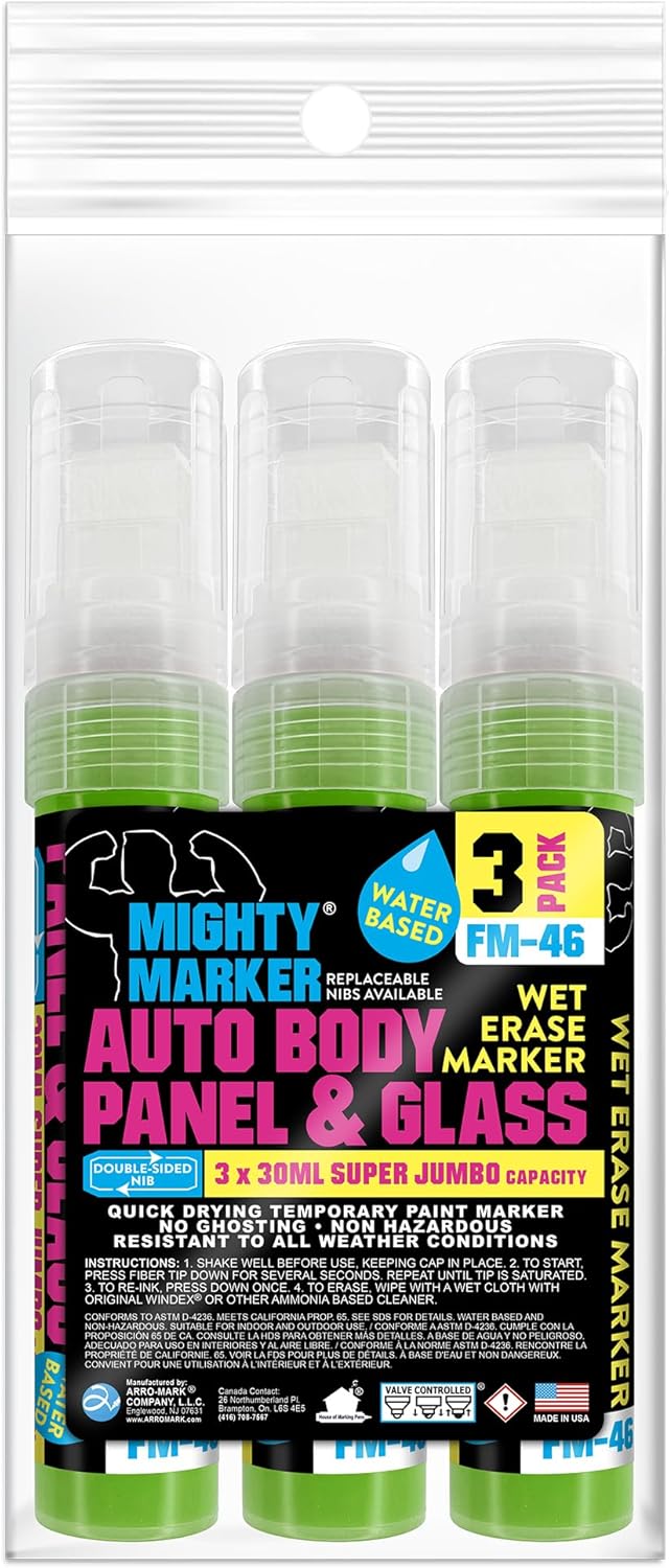 FM-46 Auto Body and Glass Super Jumbo Paint Marker, No-Ghost Formula, Water-Resistant, Valve Action, Removable, Water-Based, 30ml Capacity, Made in USA, Fl. Green 3 Pack