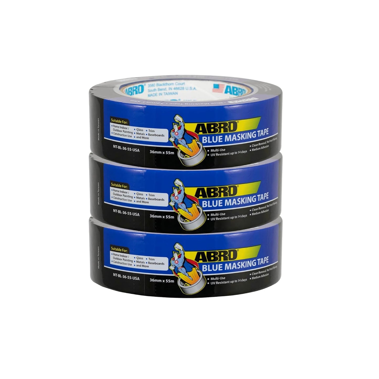ABRO Blue Painters Tape 1.5 Inch Wide, 36mm x 55M, All Purpose Blue Tape, Temporary Labeling, Easy Tear, Clean Removal, Masking Tape Colored DIY or Pro - 3 Pack