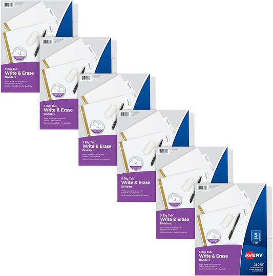 Avery Big Tab Write & Erase Dividers for 3 Ring Binders, 5-Tab Sets, 6 Binder Divider Sets (33075)