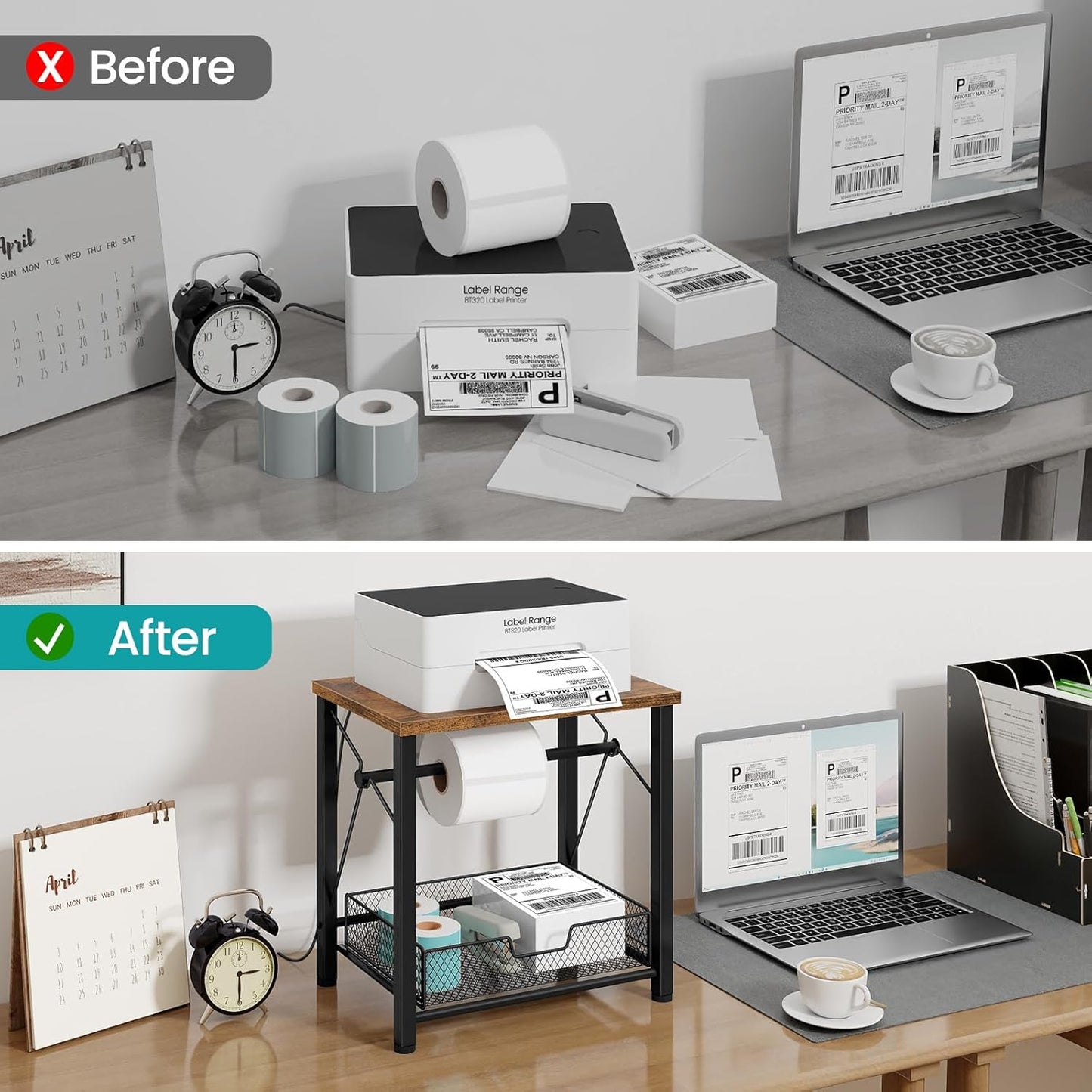 ELITEROO Label Holder for Rolls and Fan-Fold Labels, Wooden Thermal Label Holder for Desktop Label Printer, Shipping Label Stand for Thermal Printer Accessory, for Home Office Small Businesses, Brown