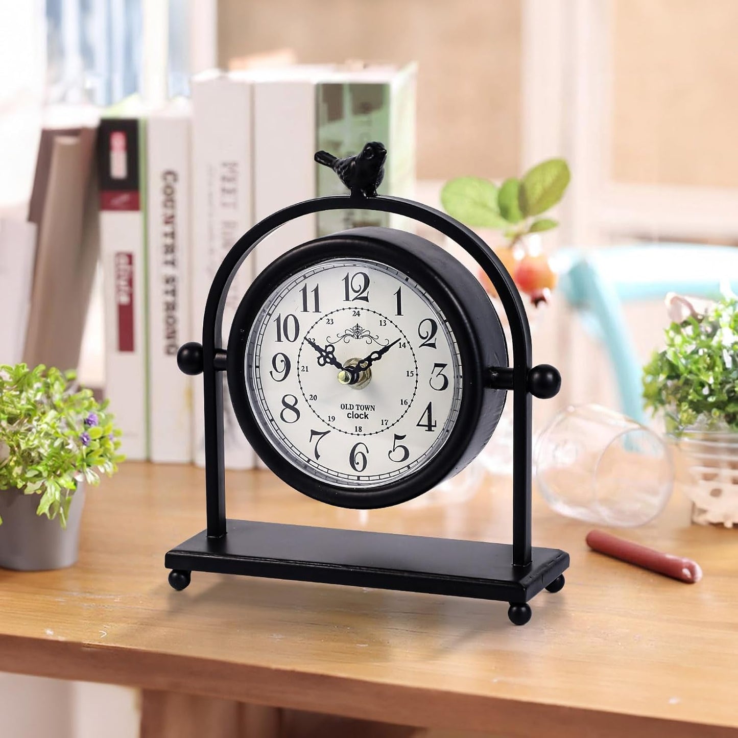 MODE HOME Silent Battery Operated Black Metal Analog Desk Clock with Bird, Small Table Clock for Farmhouse Decor, Mantel Shelf, Home and Living Room