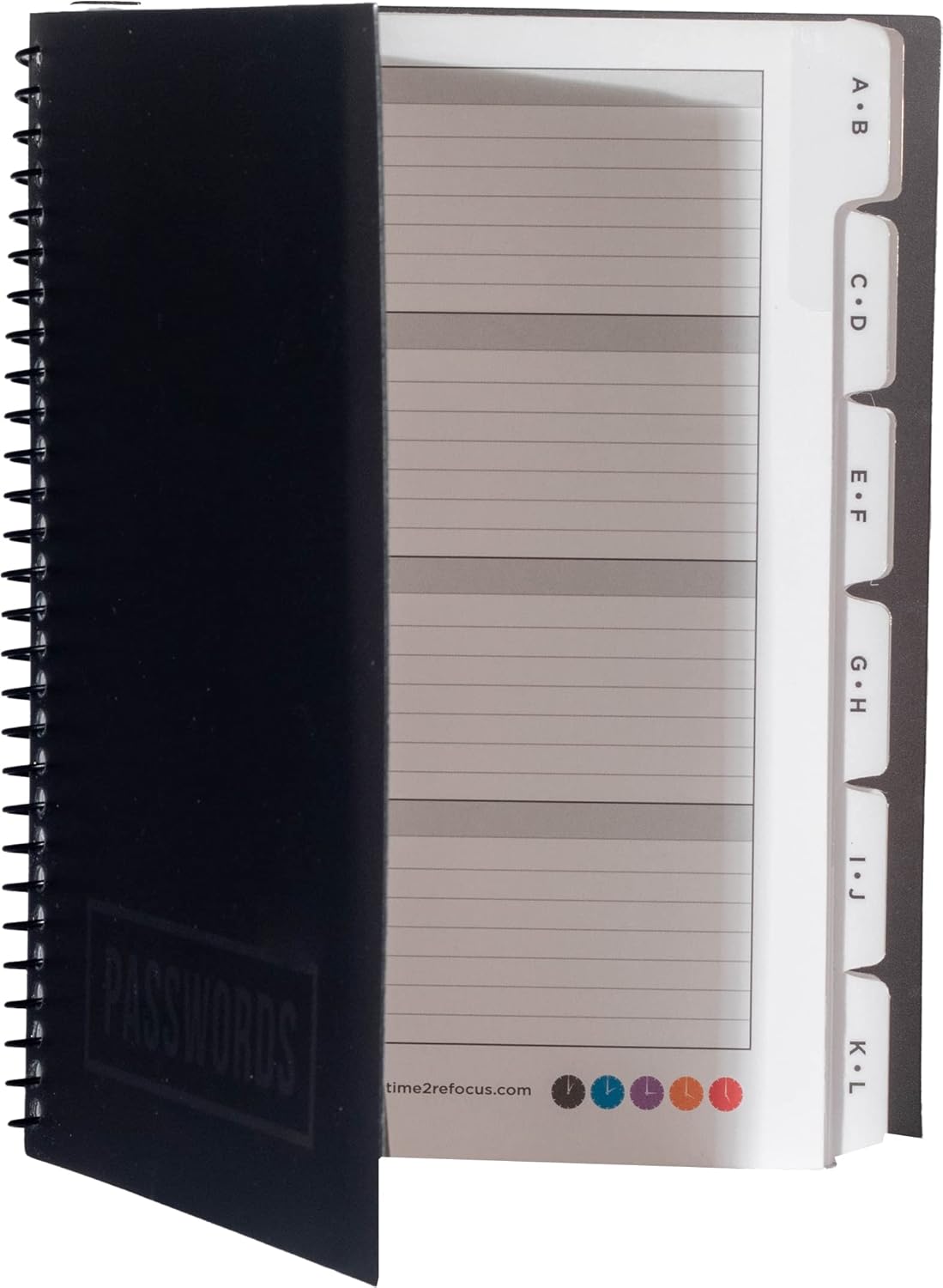RE-FOCUS THE CREATIVE OFFICE, Password Book Keeper, Black, Small, Mini, Alphabetical Tabs, Spiral Bound, Removable Sheets, Journal Organizer, Includes, Website, Address, Username, Password