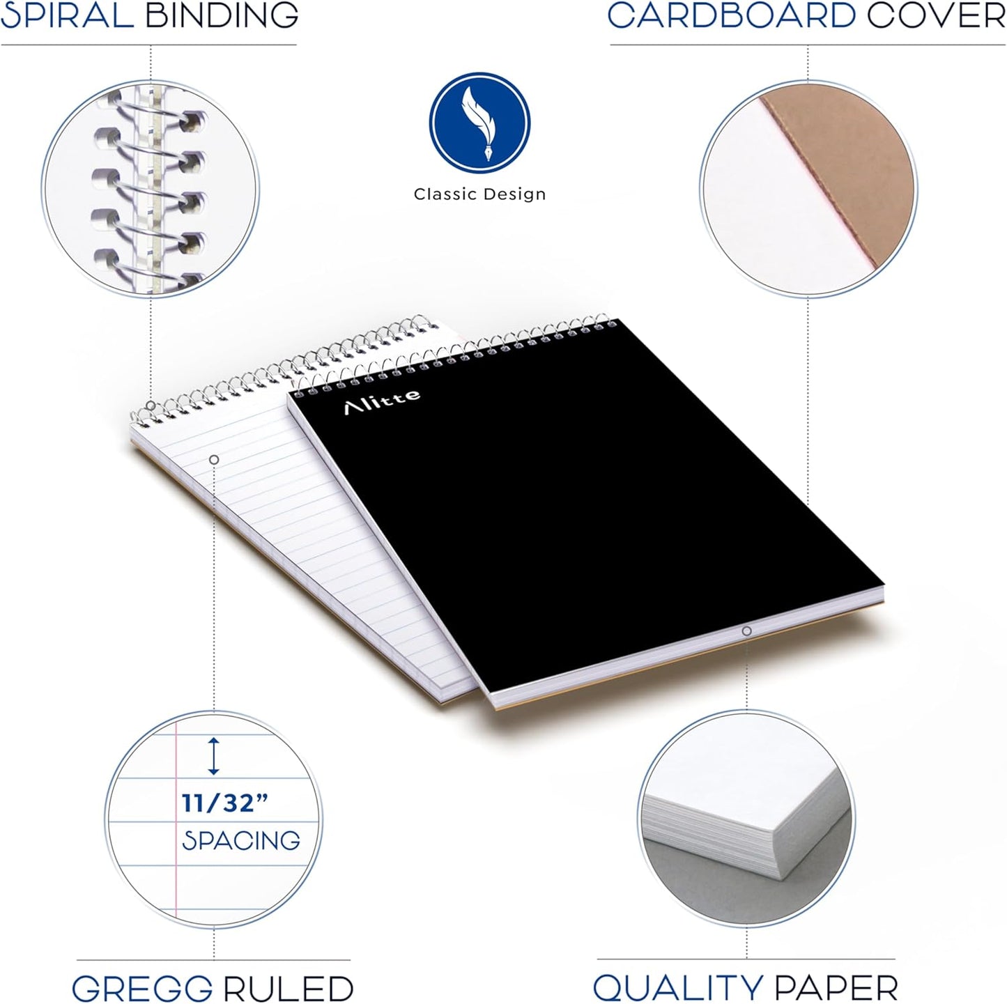 Steno Pads Spiral 6x9-12 Pack - Gregg Ruled, Perfect for Work, School, and Home Use, Easy Tear-Off Pages, White Paper - No Ink Bleeds - 80 Sheets