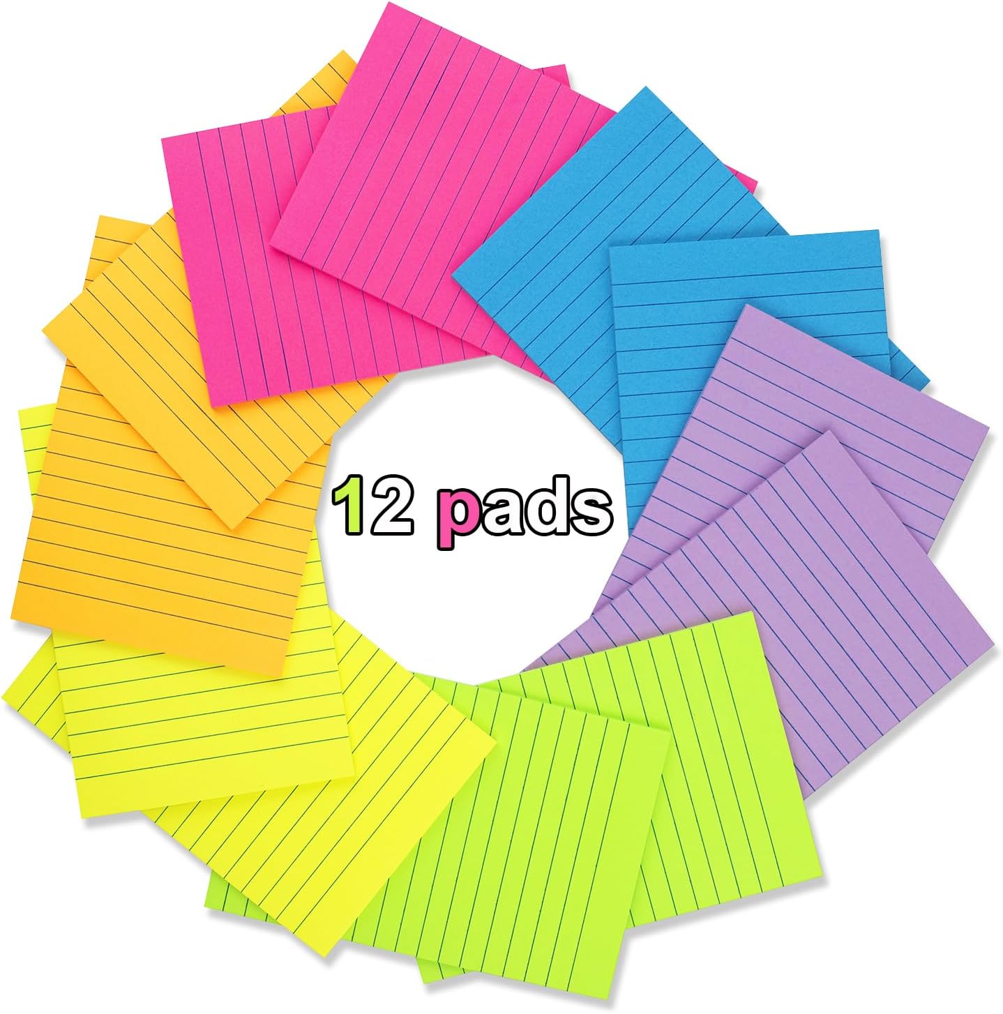 (12 Pack) Lined Sticky Notes 4x6 in Ruled Stickies Super Sticking Power Memo Pads Bright Colors