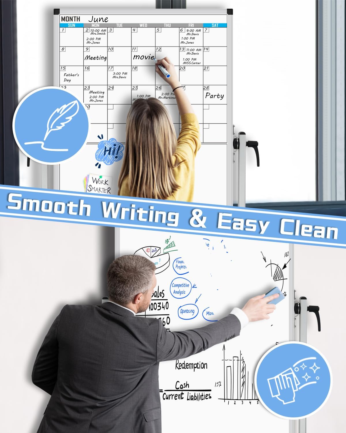 XBoard Rolling Moblie Whiteboard, 44x30 inches Double Sided Magnetic Dry Erase Board with Stand for Homeschool, Live Stream, Office, School (Calendar 44x30-Inch)