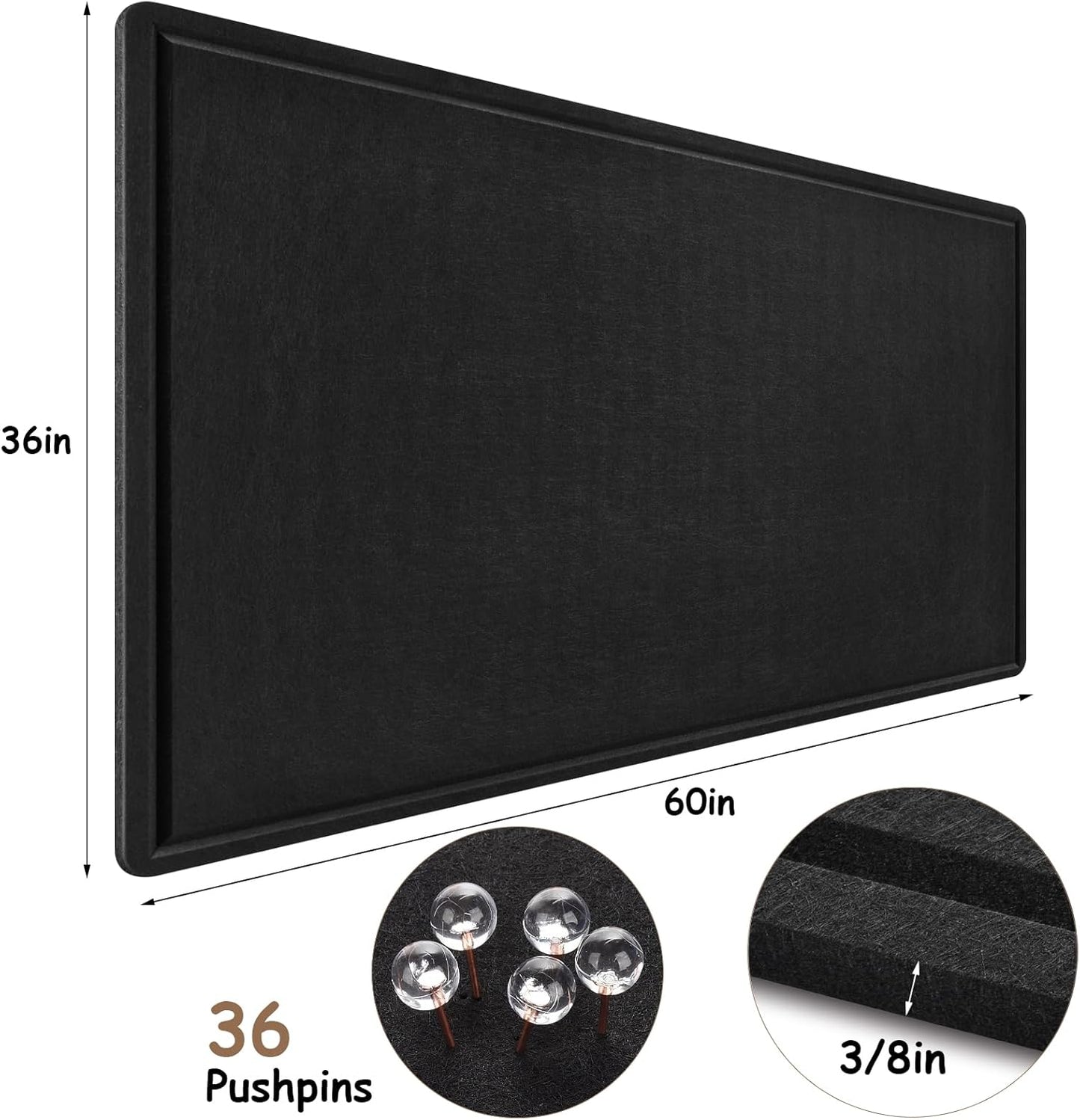 Large Bulletin Board, Foldable 60x36 Inches Cork Board Alternative, Large Felt Board Decorative Pin Board for Wall, Foldable Photo Board Self-Adhesive Vision Board with 36 Pushpins Black