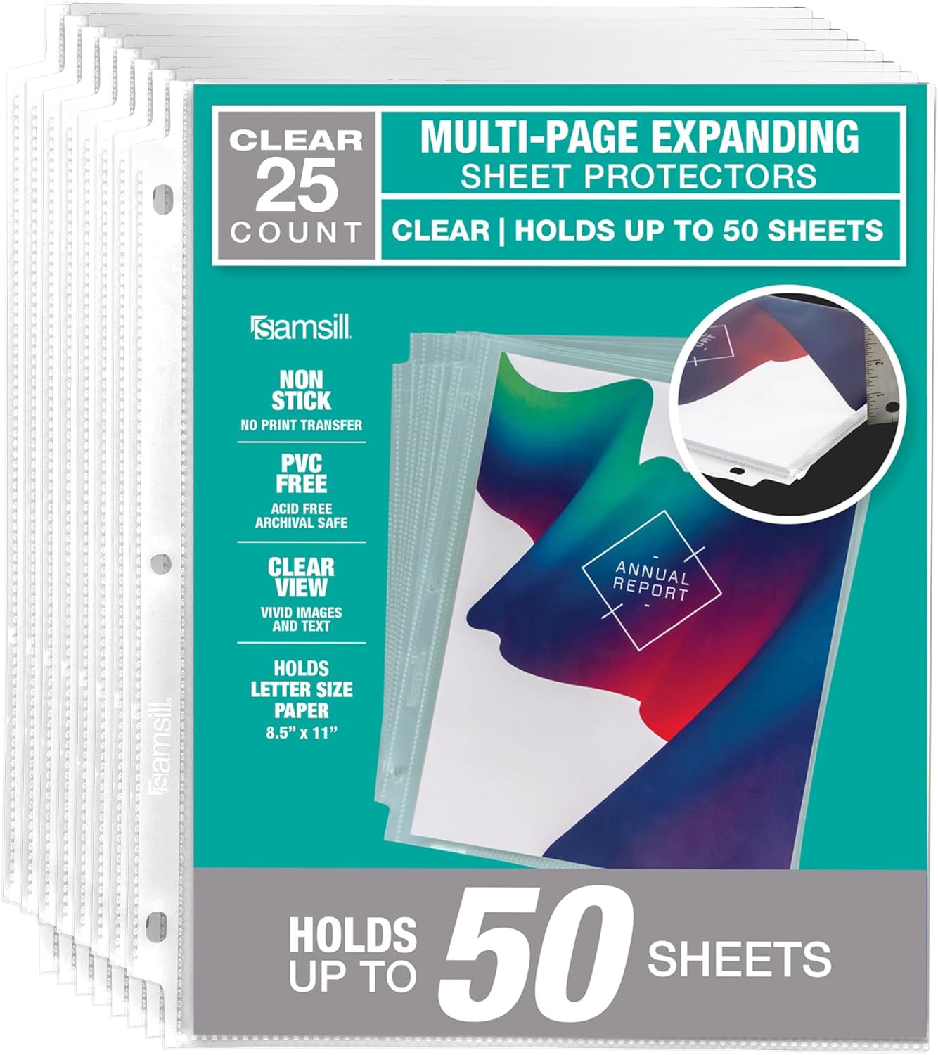 Samsill High Capacity Sheet Protectors, 25 Pack, 8.5x11 Inch Page Protectors for 3 Ring Binder, Heavy Duty, Multi-Page Protector, Holds 50 Sheets, Top Loading, Acid Free