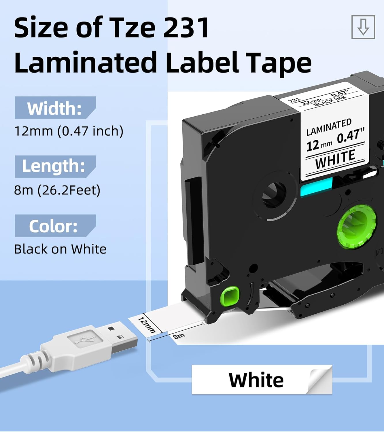 MarkDomain Label Maker Tape Refills Compatible with Brother P-Touch Label Tape 12mm 0.47 Laminated White TZe Tz TZe-231 TZ231 Ptouch PT-D210 PT-H110 PT-D220 PT-1880 1/2" Black Ink on White, 6 Pack