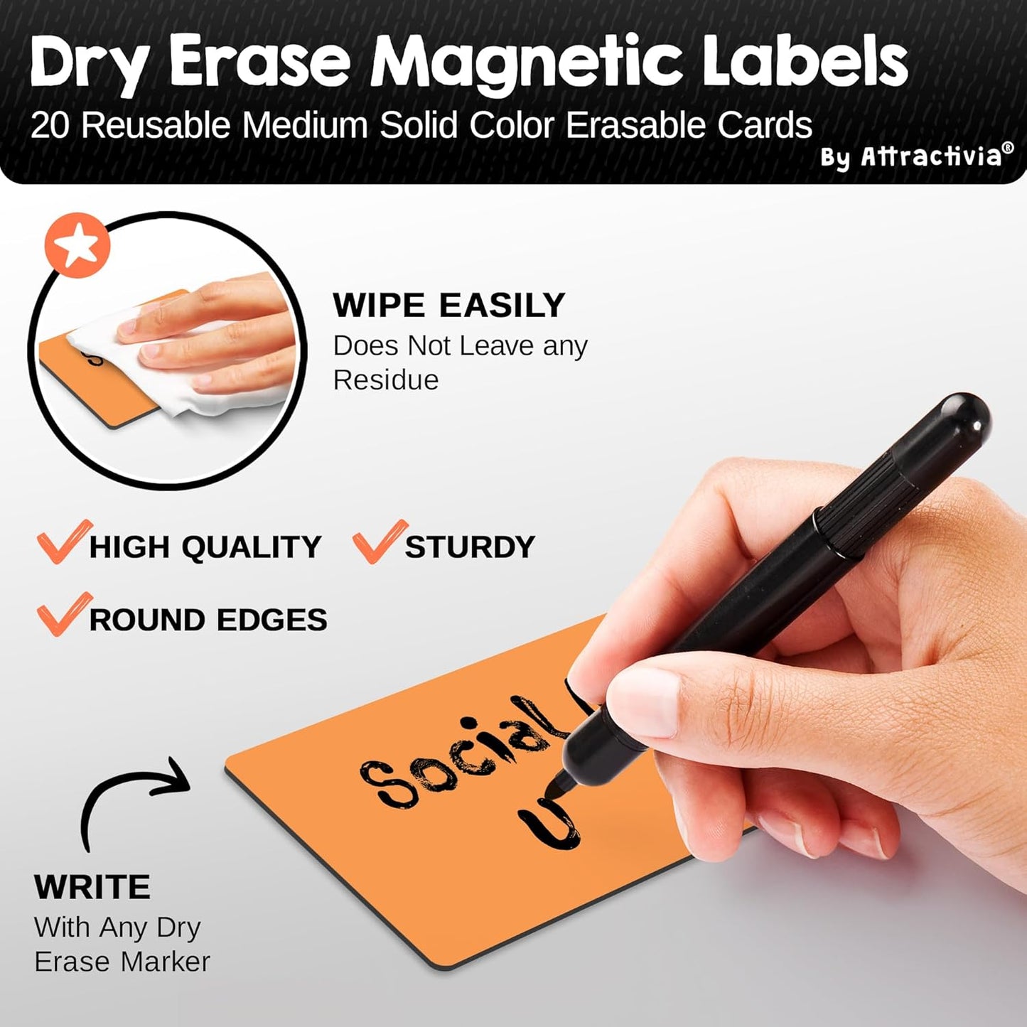 Dry Erase Magnetic Labels 3.7 x 2.8 in, Solid Colors, Medium Dry Erase Magnets, 20-Pack, Colored Erasable Write-On All-Purpose Labels, for Office, Education, Home, Whiteboard