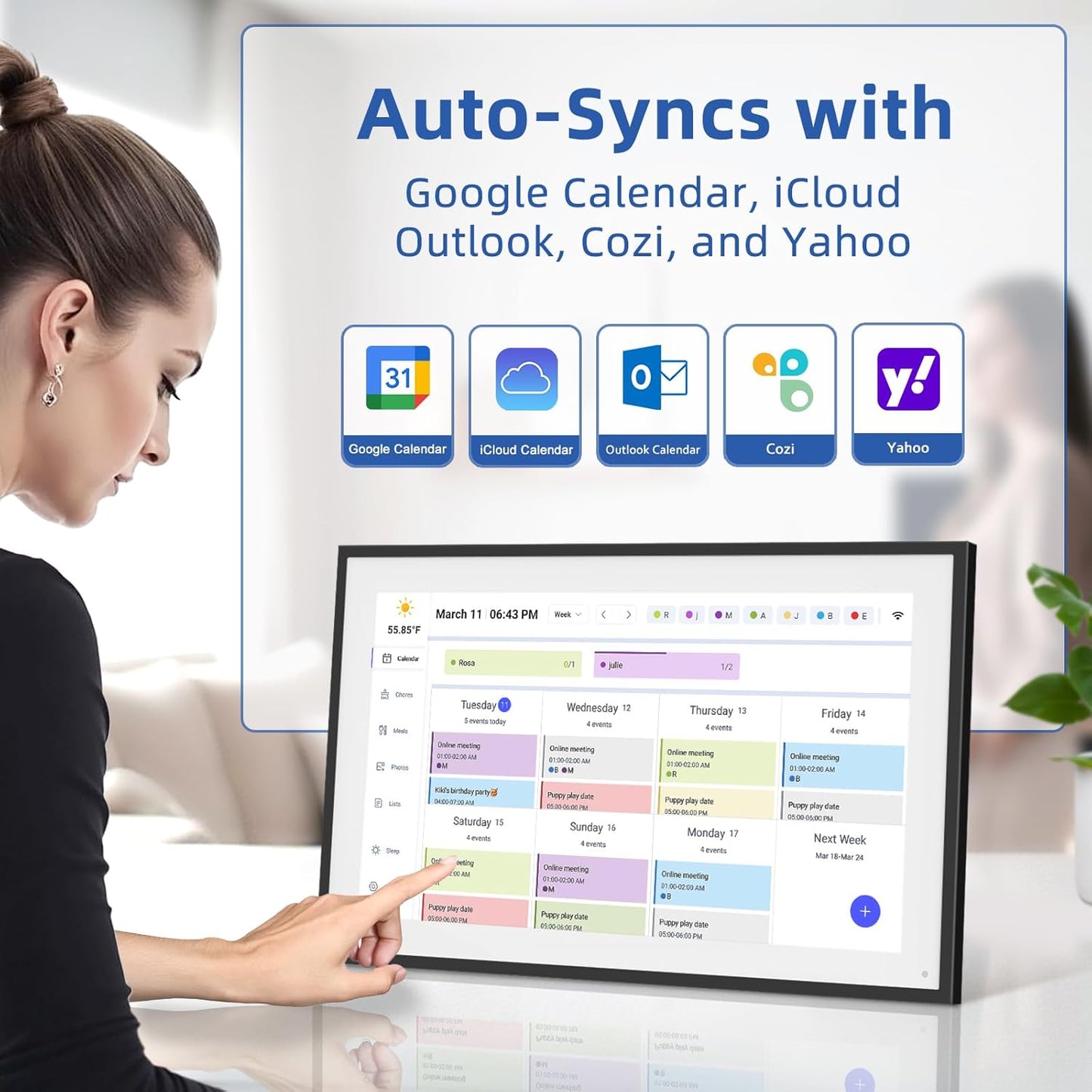 21.5 Inch Digital Calendar, Electronic Chore Chart, Smart Weekly and Monthly Planner 1920 * 1080P IPS Touchscreen Wall and Desk Calendar for Family Schedules, Black