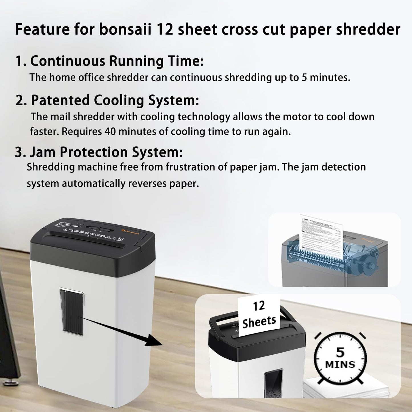 Bonsaii 12-Sheet Cross Cut Shredder, P-4 High Security, 5.5 Gal, Heavy Duty for Home Office, Shreds Paper, Credit Card, Mail, Staples, with Transparent Window, White & Black (C275-A)
