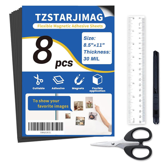 Magnetic Sheets with Adhesive Backing,8.5" x 11"(Pack of 8),30 mil Thick Cuttable Flexible Magnet Sheets for DIY Crafts,Photos and Stickers,Magnetic Paper Sheets with Strong Self Adhesive