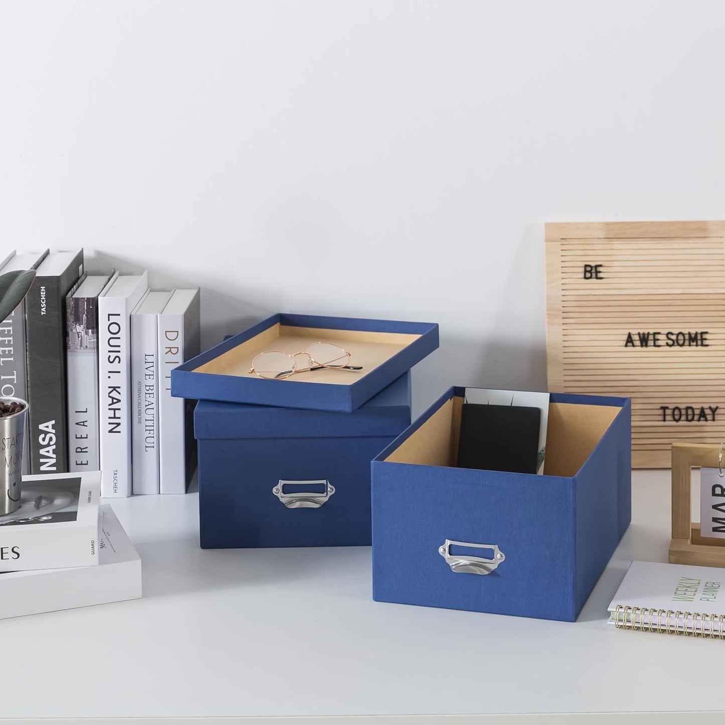 Soul & Lane Blue Decorative Cardboard Storage Boxes with Lids, Set of 2 Stacking Keepsake Photo and Memory Boxes for Home & Office, Elegant Paperboard Organizers with Label Holders and Drawer Pulls