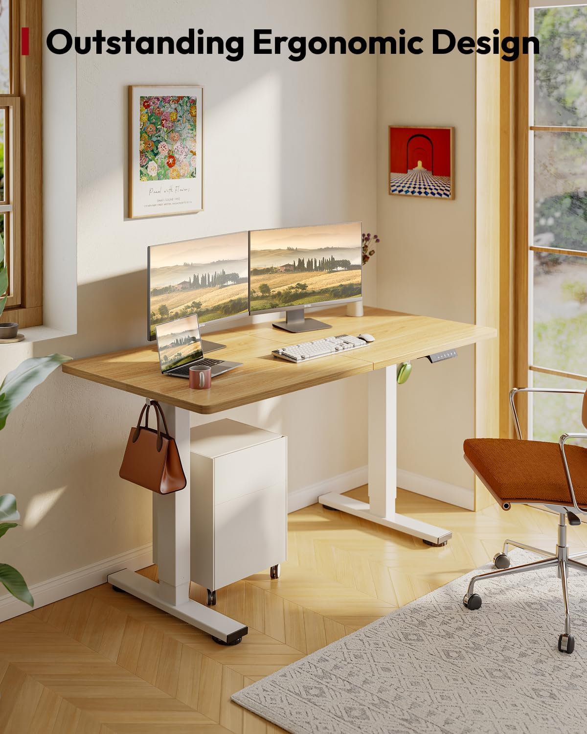 SANODESK Standing Desk Height Adjustable Electric Stand up Desk 63x24 Inches Sit Stand Home Office with Splice Board, White Frame/Maple Top