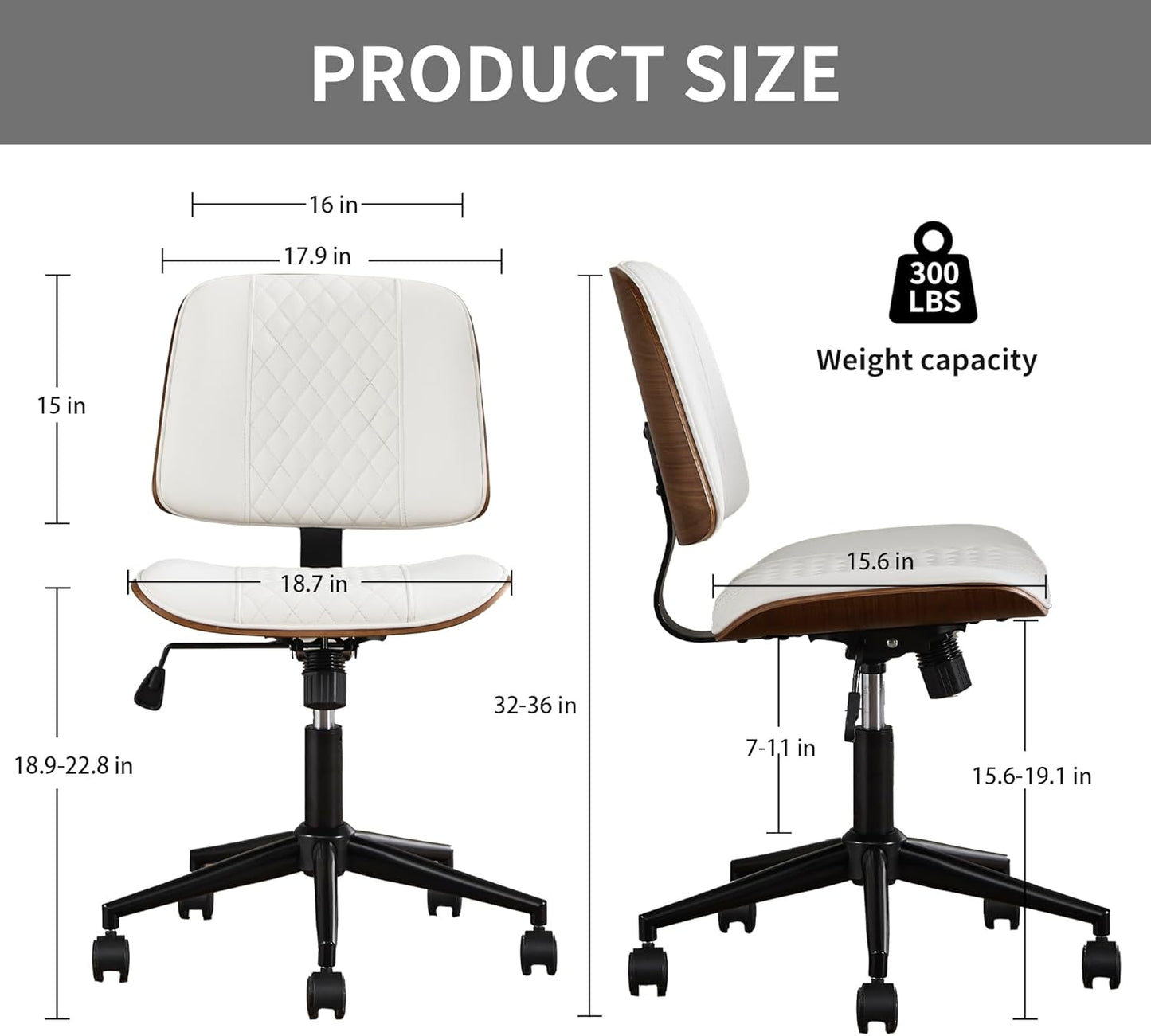 Stylish White Home Office Chair – Armless PU Leather Mid-Back Chair with Adjustable Height, Swivel Wheels, Walnut Finish for Study, Bedroom, or Dorm Room