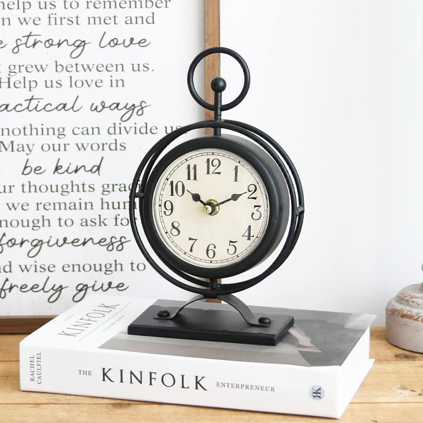 Small Vintage Metal Desk Clock, Decorative Table Clock for Living Room, Silent Mantel Clocks Farmhouse Shelf Decor Battery Operated, 9.5" Black
