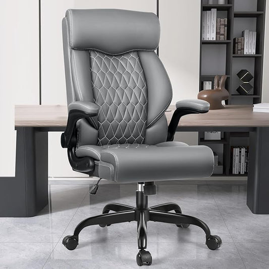 High Back Executive Office Chair - Ergonomic Computer Desk with Rocking Function, Leather Managerial with Adjustable Flip-Up Armrests and Lumbar Support