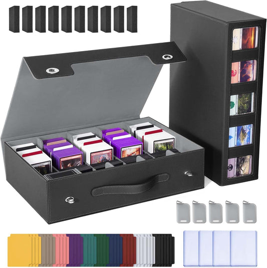 Trading Card Storage Box with Commander Display, 5 Row Magic Card Box with Handle & Aluminum Alloy Locking for 3900+ Unsleeved Cards Suits for MTG PTCG TCG Sports Cards (Black Gray)