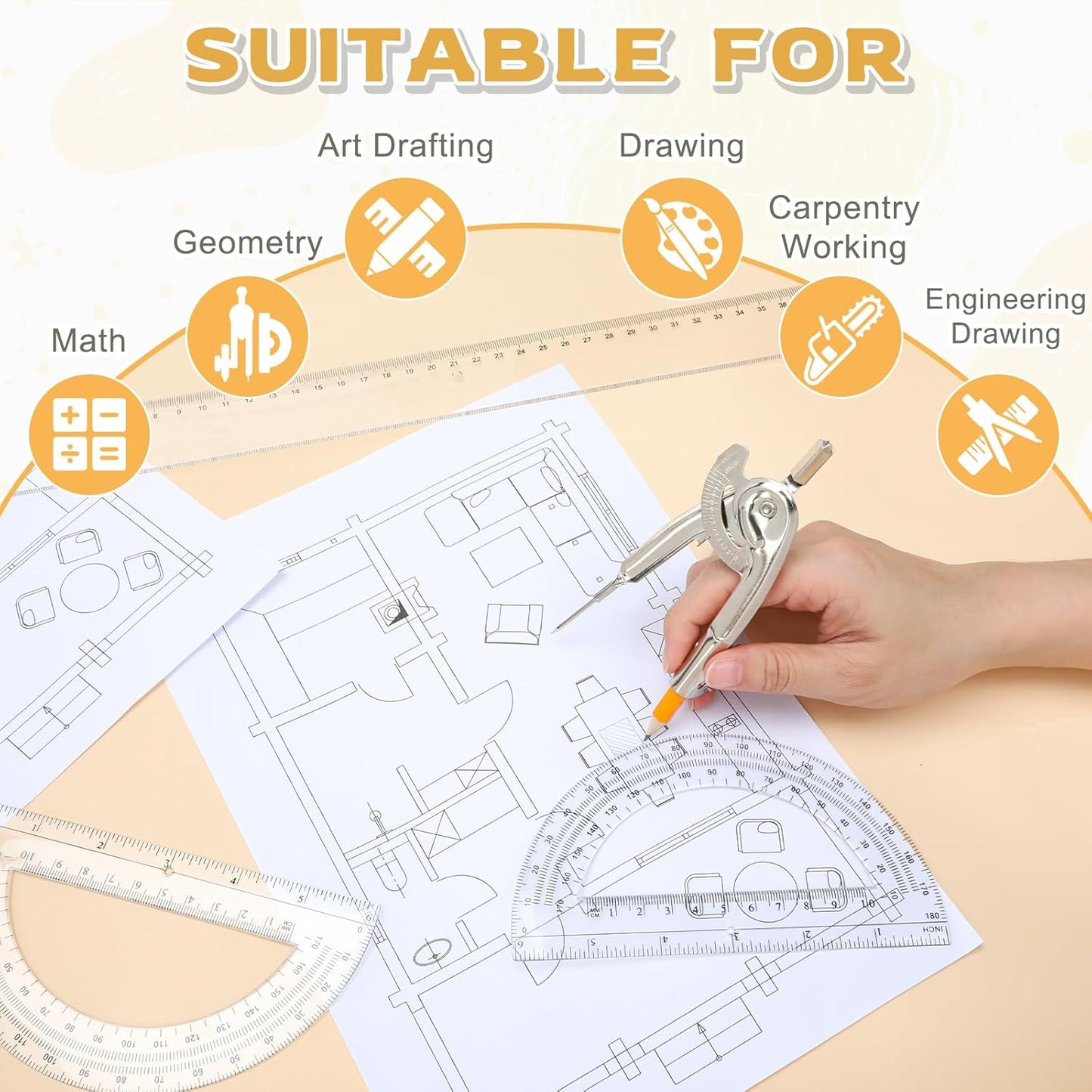 2 Pack Geometry Tool Set, Math Compass for Geometry and 6 Inch Protractor Set Include Metal Compass with Pencil and Clear Plastic Protractor for Student Classroom Office Woodworking Art Drawing
