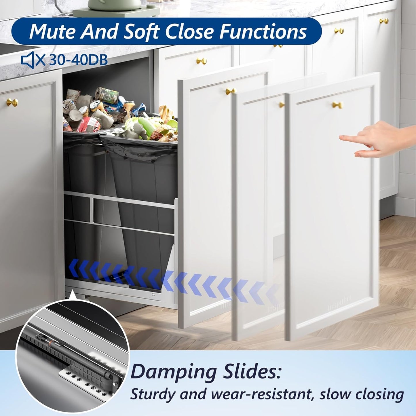 Insputer Double 40QT Pull Out Trash Can Under Cabinet, Heavy Duty Under Sink Garbage Bin Kit with Soft-Close Slides for Kitchen, Laundry, Requires Minimum Cabinets Opening 18" W X 24" D
