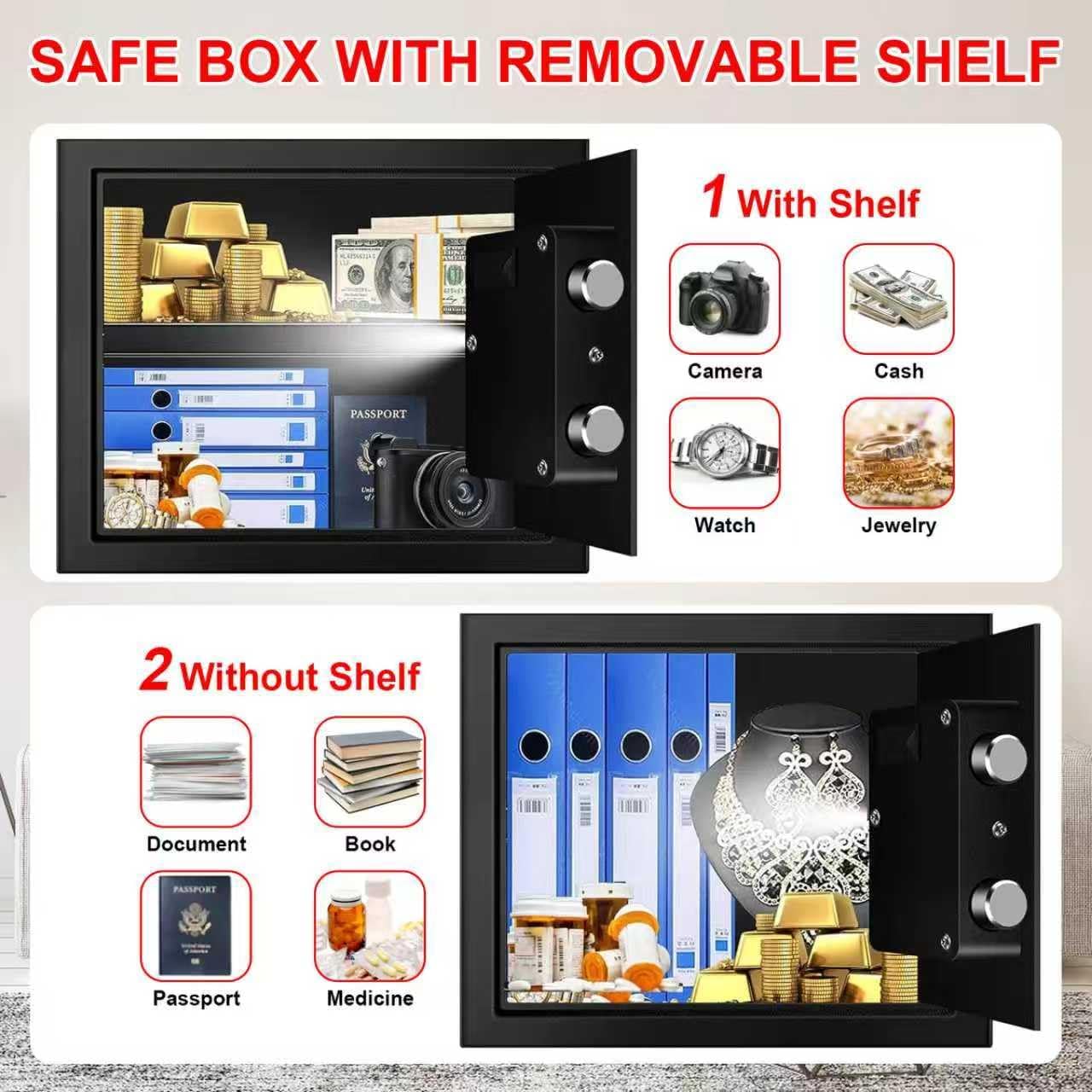 1.2 Cubic Feet Small Fire Safe Box for Home, Fireproof Lock Box, Security Money Safe with Digital Keypad, Spare Keys and Removable Shelf, Personal Home Safes for Money, Jewelry, ID Documents