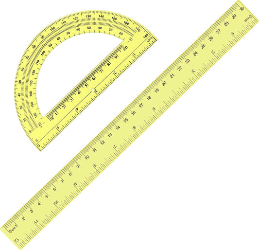 Zonon 2 Pack 12'' Plastic Ruler and 6'' Plastic Protractor Set Clear Ruler Protractor Set Math Geometry Supplies for School Classroom Home Office Drawing(Yellow)