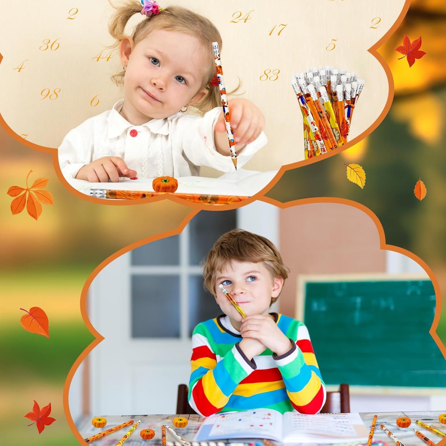 Cinrobiye 60 Pieces Fall Thanksgiving Day Pencils with Pumpkin Eraser Bulk Fall Party Favors Maple Leaf Autumn Pumpkins Pencils Erasers for Harvest School Party Teacher Rewarding Supplies