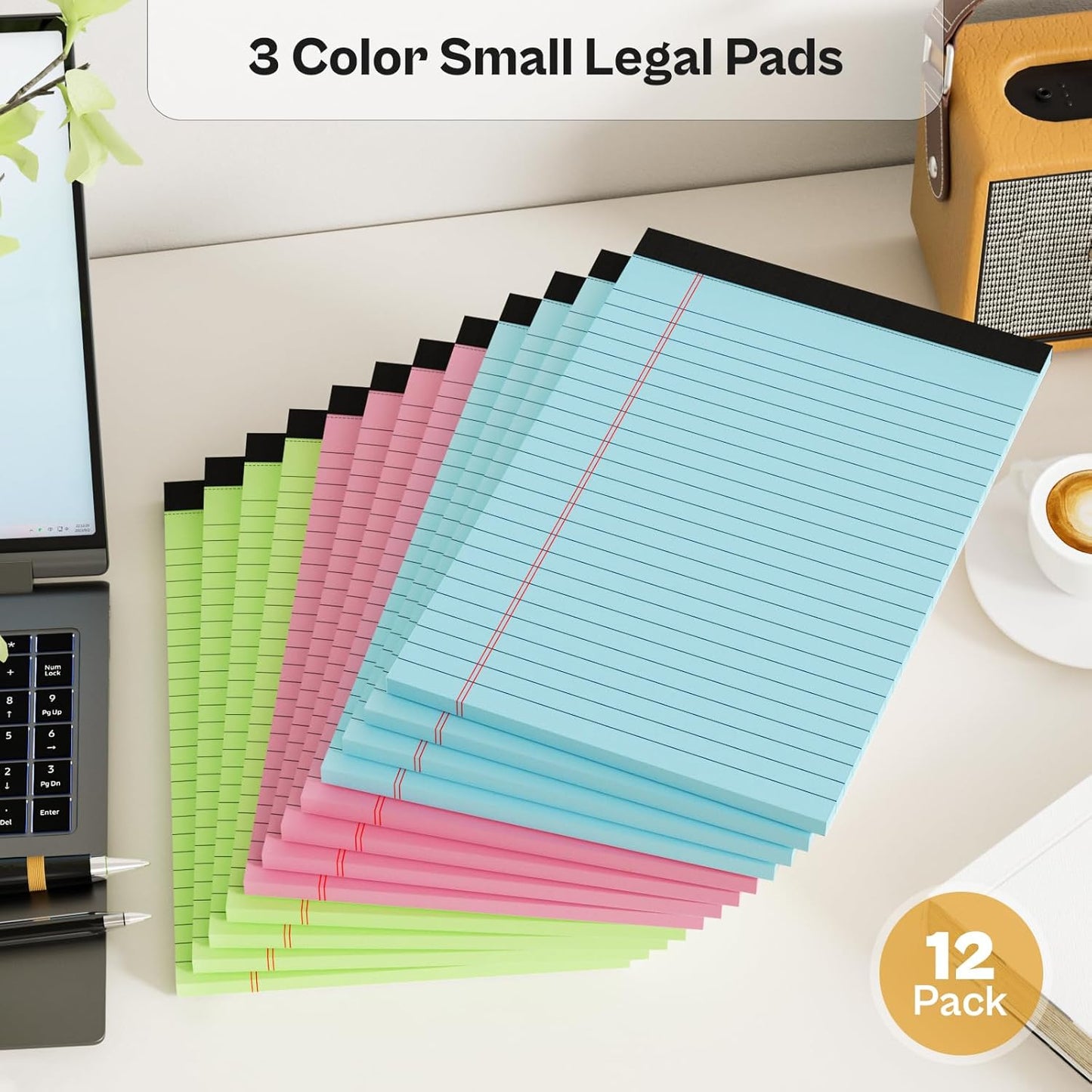 Legal Pads 5x8 12 Pack Note Pads College Ruled Notepad Pink/Green/Blue Perforated Small Legal Pads 80GSM Notepads 30 Sheets Writing Pads Line Paper Pad for School, College, Office, Business
