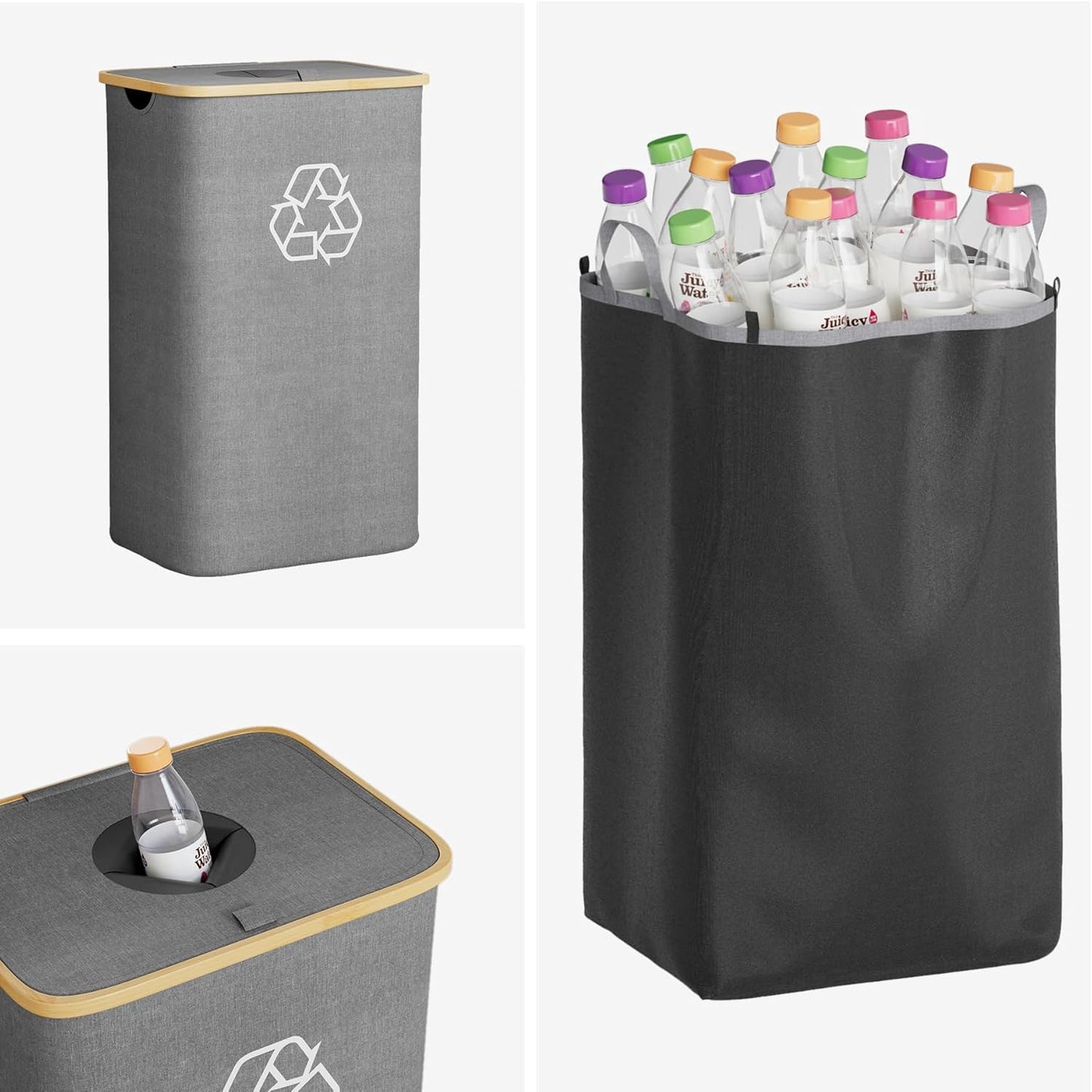 SpaceAid Recycling Bin for Kitchen 26 Gallon, 100L Recycle Bin with Lid and 2 Reusable Inner Bags, for Bottle Can Glass Plastic Stickers, Grey