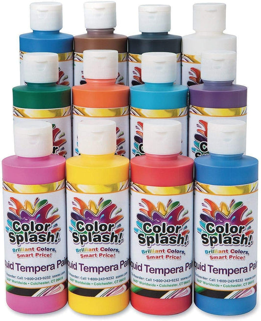 S&S Worldwide Color Splash! Liquid Tempera Bulk Paint, Set of 12 in 11 Bright Colors, 8-oz Flip-Top Bottles, Great for Arts & Crafts, School, Classroom, Poster Paint, For Kids & Adults, Non-Toxic.