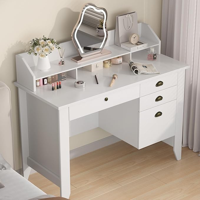 4 EVER WINNER White Desk with Drawers, Small Desk with File Drawer for Small Spaces, Writing Desk with Monitor Stand Wood Table for Home Office, White