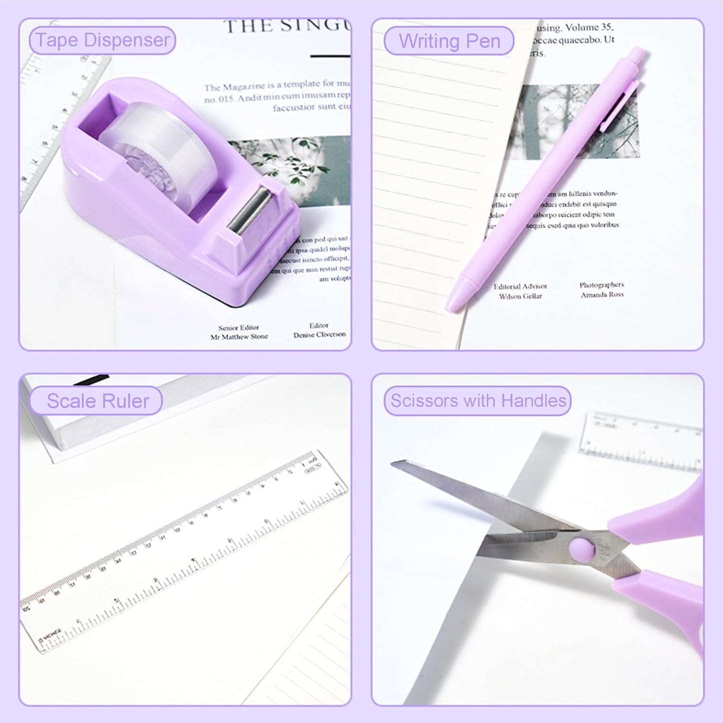 Desk Accessories with Pen Holder, Office Supplies Desk Organizers and Accessories, Tape Dispenser, Stapler, Staple Remover, Staples, Clips Set, Ruler, Scissor, Pen, Tape (Purple)