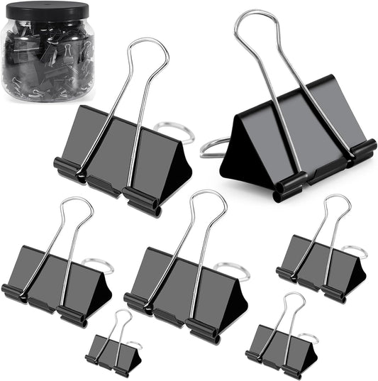 Ufmarine Binder Clips Paper Clips Assorted Sizes 200 Count (Black), Extra Large, Large, Medium, Small, Mini and Micro,6 Sizes with Box for Office, School and Home