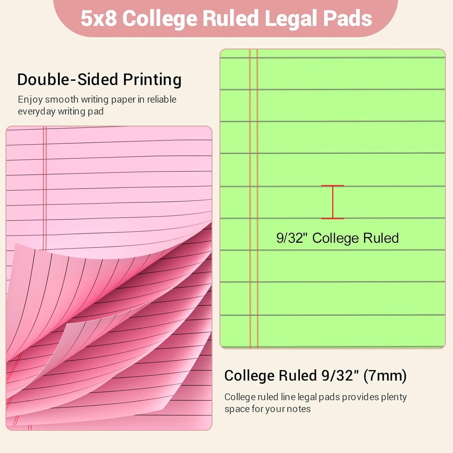 Legal Pads 5x8 Colored Note Pads, 12 Pack College Ruled Notepads 5x8 Lined Paper, Colored Notebook Paper Writing Pads 30 Sheets per Colored Paper Small Legal Pads 5x8 for Home Office School Supplies