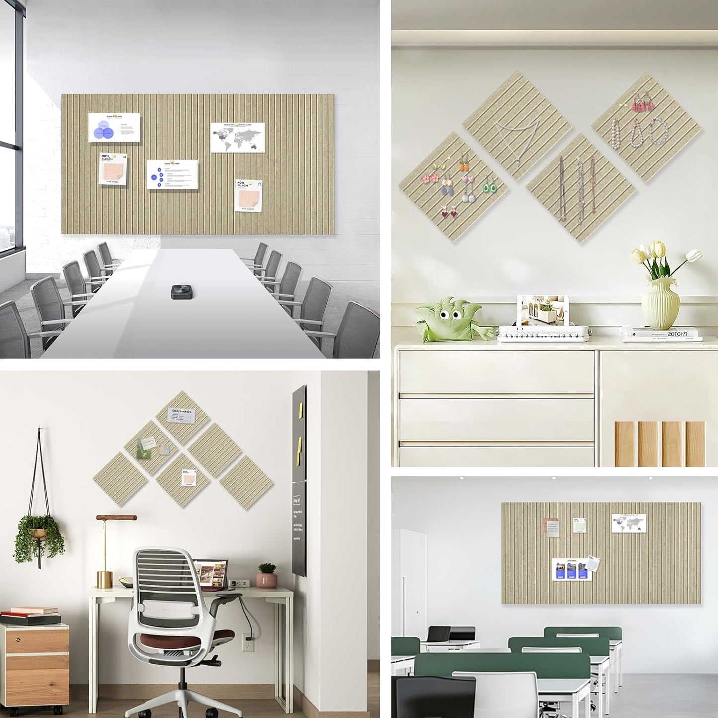 Large Cork Board for Office, 8 Pack Felt Wall Tiles with Slat Wall Paneling, Felt Bulletin Board Pin Board Cork Boards for Walls (Tan)