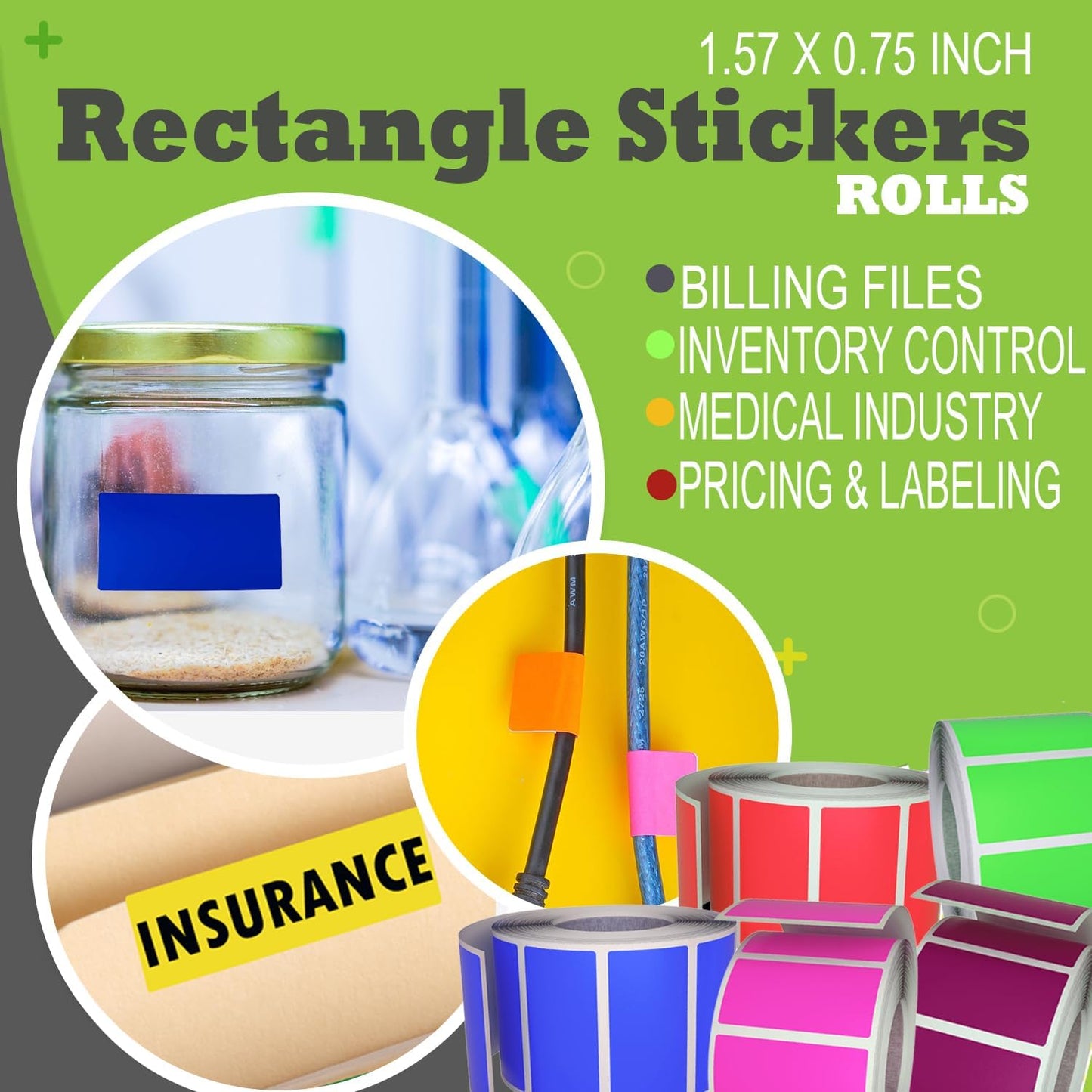 Small Color-Coding Sticker Roll 1.57" x 0.75", 5 Rolls- 2500-Pack, Rectangular Organizing Labels 40mmx19mm (Yellow) by Royal Green