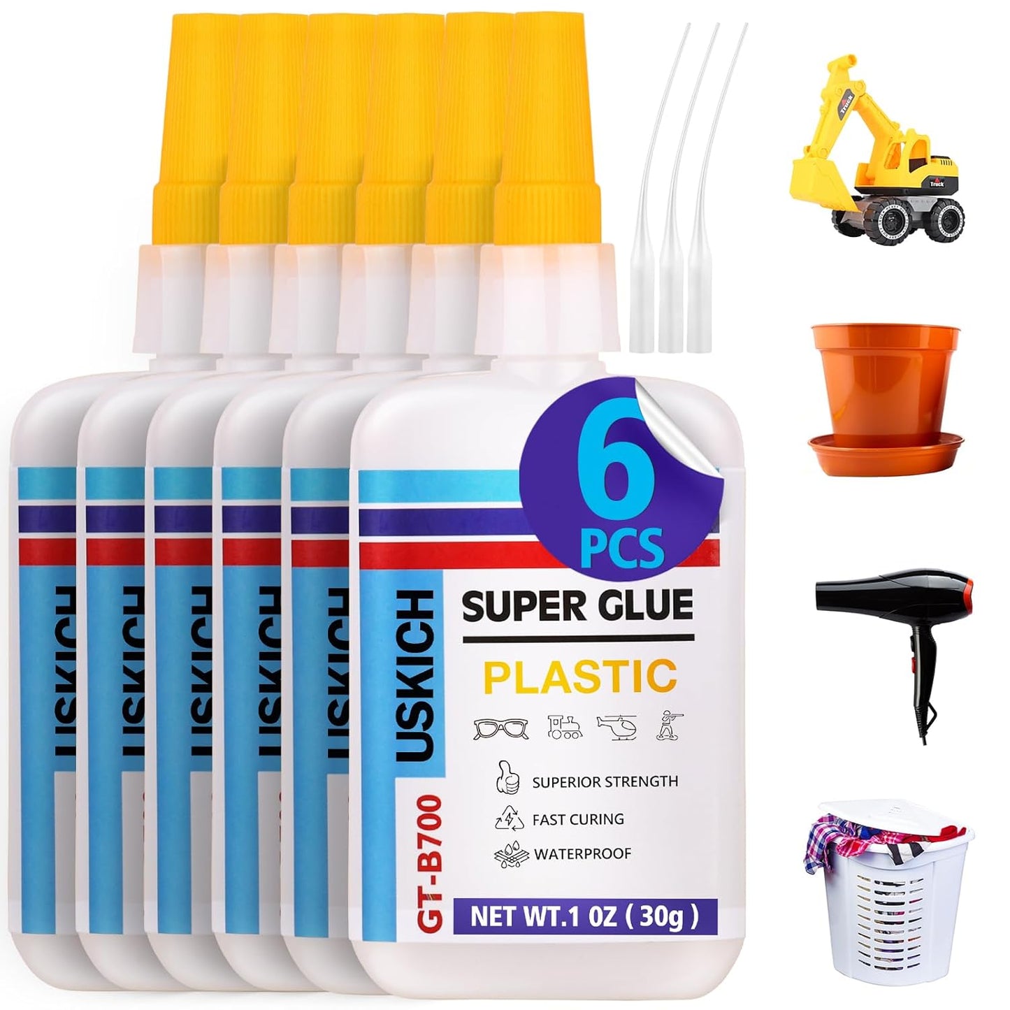 Super Glue for Plastic with Anti Clog Cap. 6 x 1 fl oz,Plastic Glue- Adhesive CA Glue for Model and Miniature,Suitable for PLA, ABS,PVC,3D Printing,Toys,Legos.Heavy Duty Model Repair Kit, Quick Dry