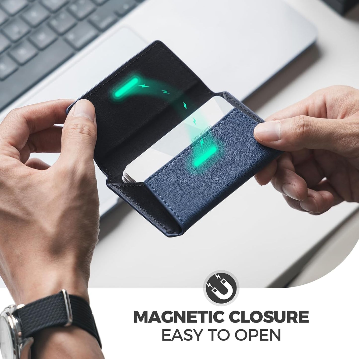 VULKIT Leather Business Card Holder Case for Men Slim Pocket Business Card Wallet Name Card Case Holder, Holds 20 Business Cards Navy