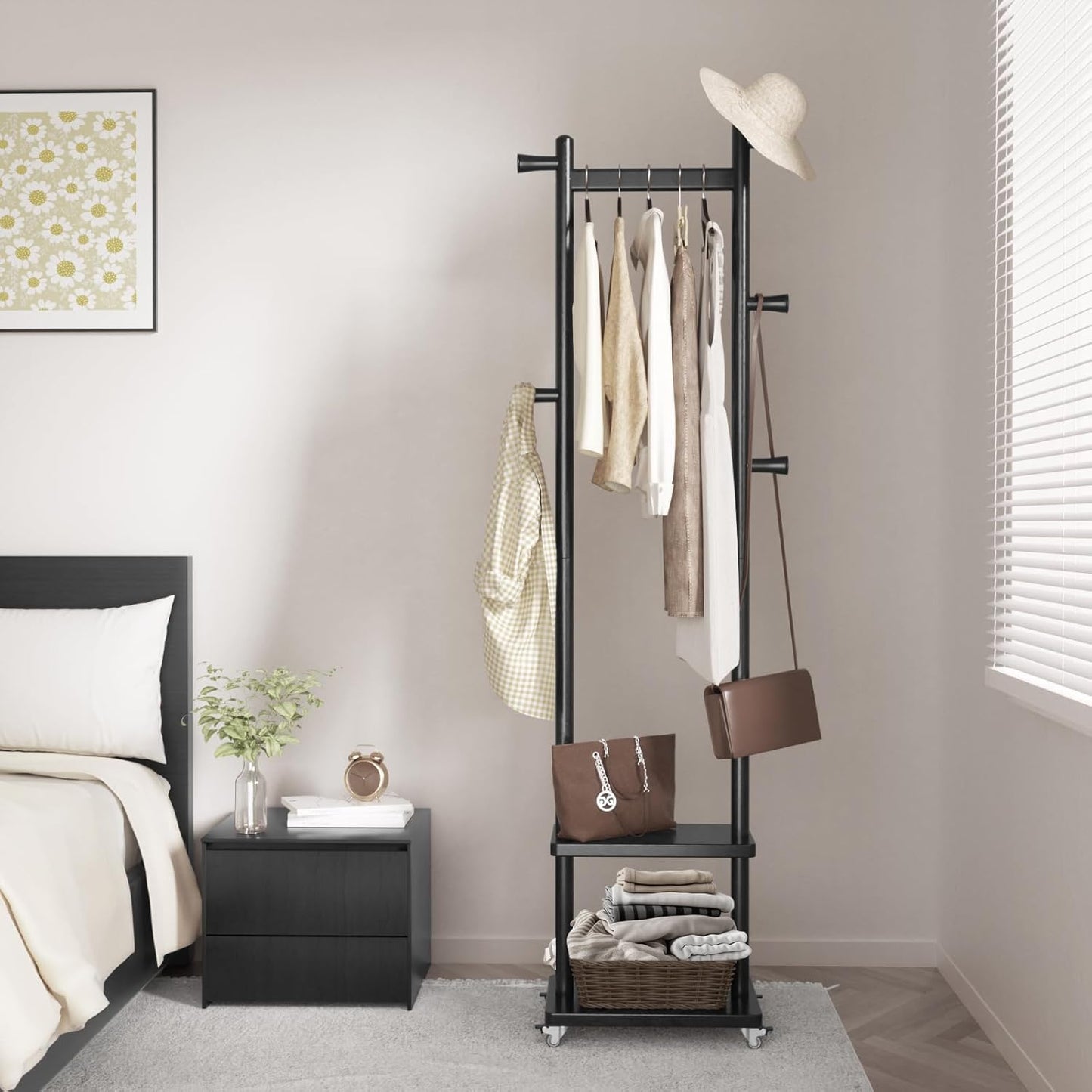 Coat Rack Freestanding Clothing Rack with Wheels & 2 Shelves Storage & 5 Hooks Heavy Duty Clothes Rack Wood Coat Tree Stand Hat Hanger Rack for Corner Bedroom Entryway Living Room Hotel