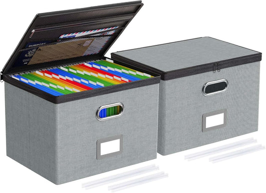 Oterri 2 Pack Large File Organizer Boxes with Lids, File Box with Mesh Pockets, Document Organizer Box for Letter/Legal Size Folders, Zippers Important Document Organizer (Grey, Without Folders)