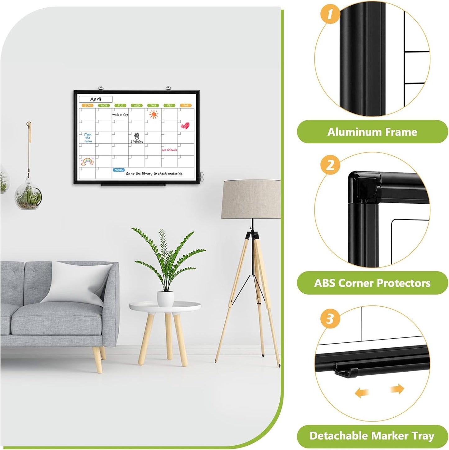 Dry Erase Calendar Whiteboard for Wall, 36" x 24" Double-Sided Magnetic Monthly WhiteBoard Calendar Dry Erase, Wall Hanging Aluminum Frame Calendar Board with Tray for Home, School, Office