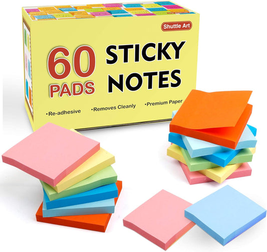 Sticky Notes, Shuttle Art 60 Pads Bright Stickies, 6 Assorted Colors, 3x3 Inches, 100 Sheets/Pad Sticky Pads for Home, School, Office