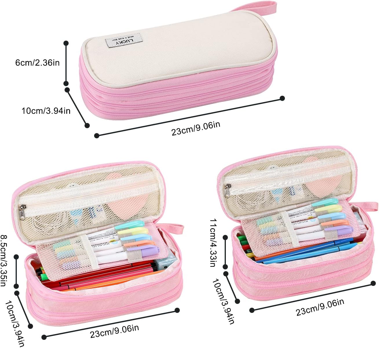 Big Pencil Case Zipper Pencil Pouch Organizer Large Capacity Pen Bag with Handle Portable for Girls Kids Adults Gift Pen Case for School Home Office Light-pink