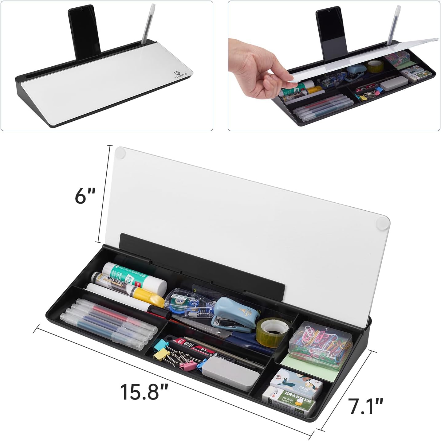 Small Glass Desktop Whiteboard Dry-Erase-Board - Computer Keyboard Stand White Board Surface Pad with Drawer, Desk Organizers with Accessories for Office, Home, School Supplies