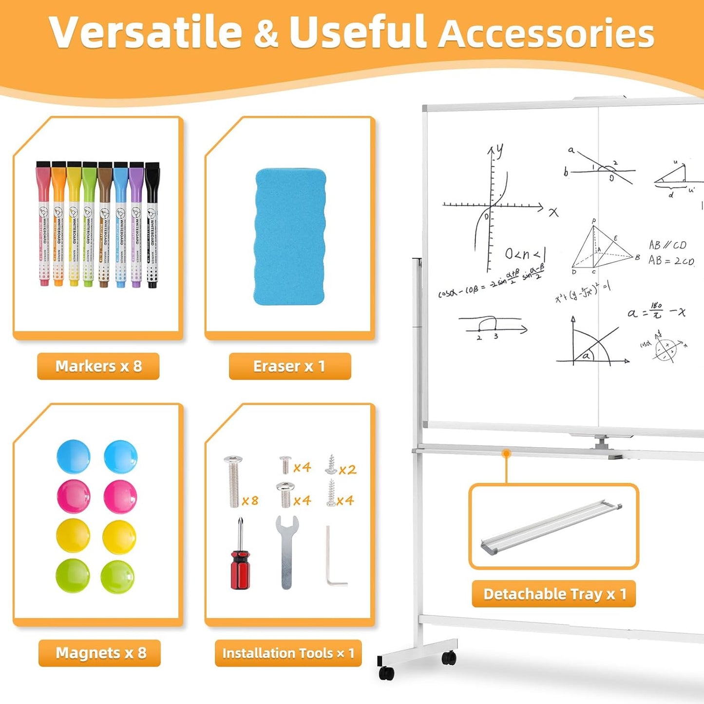 WALGLASS Rolling Whiteboard on Wheels, 60"x48" Double-Sided Dry Erase White Board with Stand, Large Magnetic Whiteboard, Giant Portable Standing Whiteboards for Office, School, Home, Classroom 5x4 ft
