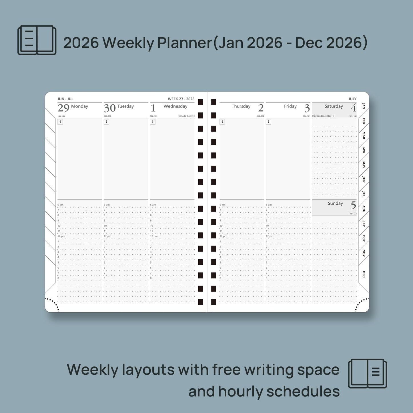 POPRUN 2026 Planner (Medium Size 8.5'' x 6.25'' Wire-Bound Hard Cover) Daily Weekly and Monthly Calendar - Agenda 2026 (Jan.2026-Dec.2026) with Hourly Schedule, Monthly Tabs - Pacific Green