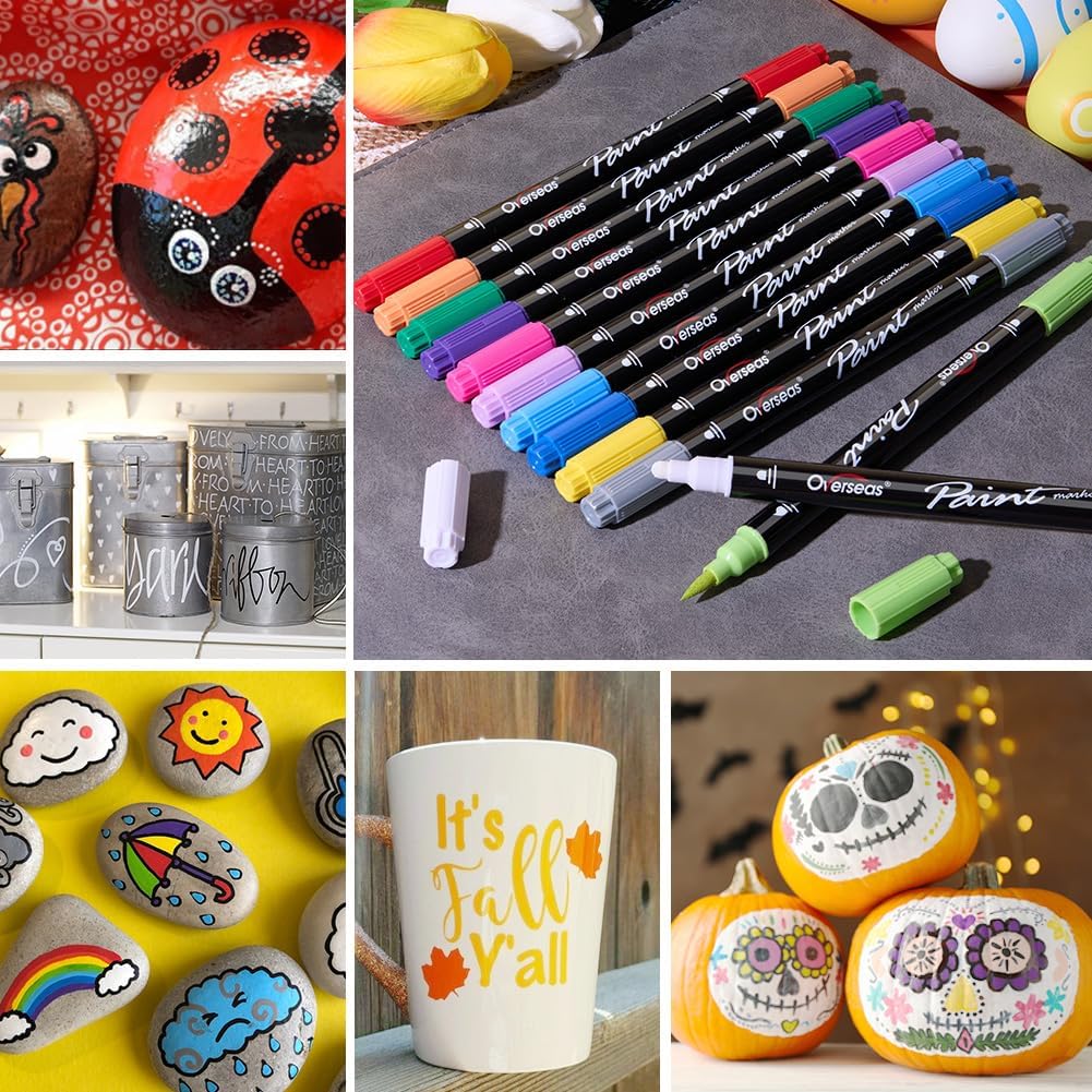 Overseas Black Acrylic Paint Markers, 2 Pack Dual Tip Paint Pens Acrylic Markers with Dot and Brush Tip, Coloring Marker for Wood, Rock, Canvas, Glass, Metal, Ceramic, Plastic, Fabric, School Supplies